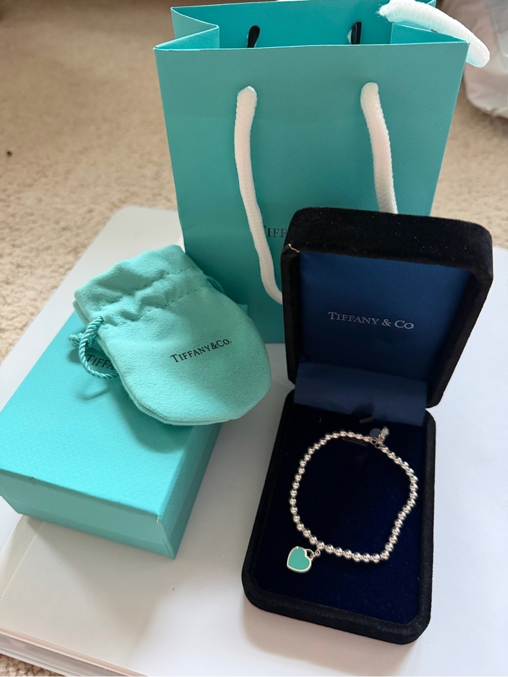 Tiffany & Co. Silver Bead mini Heart return to Tiffanys tag Bracelet - Blue/teal